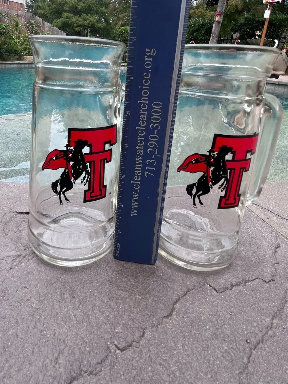 Vintage TTU Texas Tech Masked Rider Clear Beer Mugs Handles Glasses Two (2)